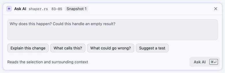 The Ask AI panel for lines 83 to 85 of shaper.rs in snapshot 1, with a question box and four suggested questions